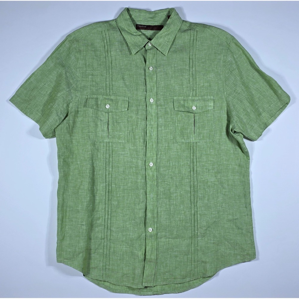 Perry Ellis Mens XL Green 100% Linen Short Sleeve Guayabera Button Down‎ Shirt